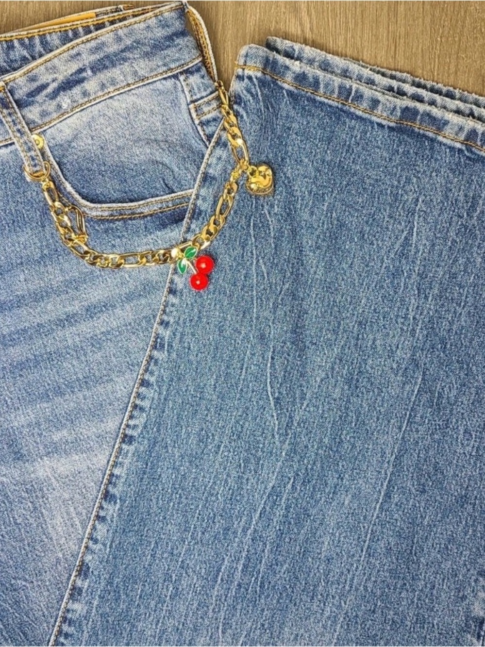 Juicy Couture Light Blue Straight Leg Jeans with Gold Chain & Red Cherry Charm